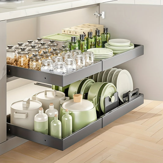 4pcs Expandable Pull-Out Cabinet Drawers, Rust-Proof Carbon Steel Shelves, Adjustable Width 12.6"-20.6", Multi-Tiered Storage for Kitchen, Pantry, Bathroom, and Laundry Room Organization, Kitchen Organizers And Storage