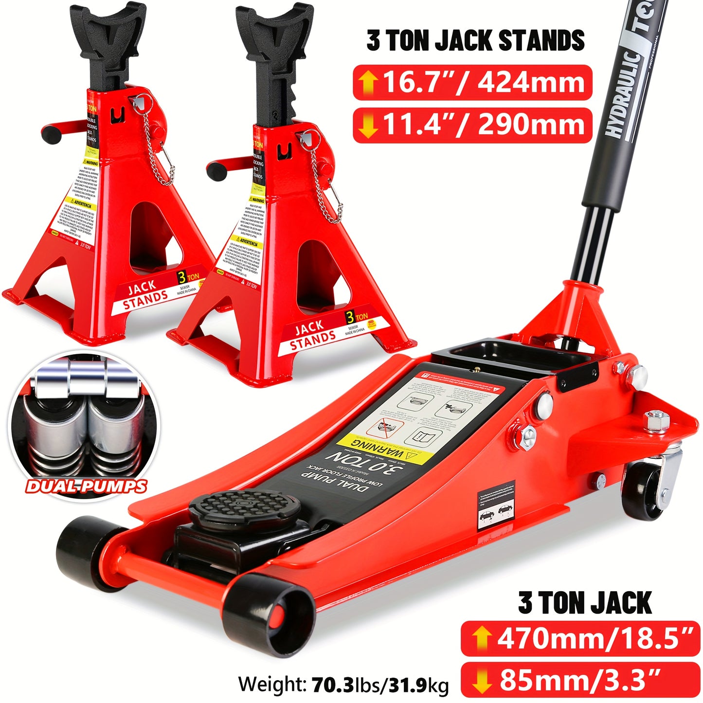 2/2.5/3 Ton Capacity, Jack Kit Low Profile Hydraulic Trolley Service/Floor Jack Combo, Multiple meal plans to choose from 3 Ton Jack Stands 2PCS, Tire Repair Kit, 14-inch Wheel Cross Wrench, Wheel Chock, Jack Accessories Red/
