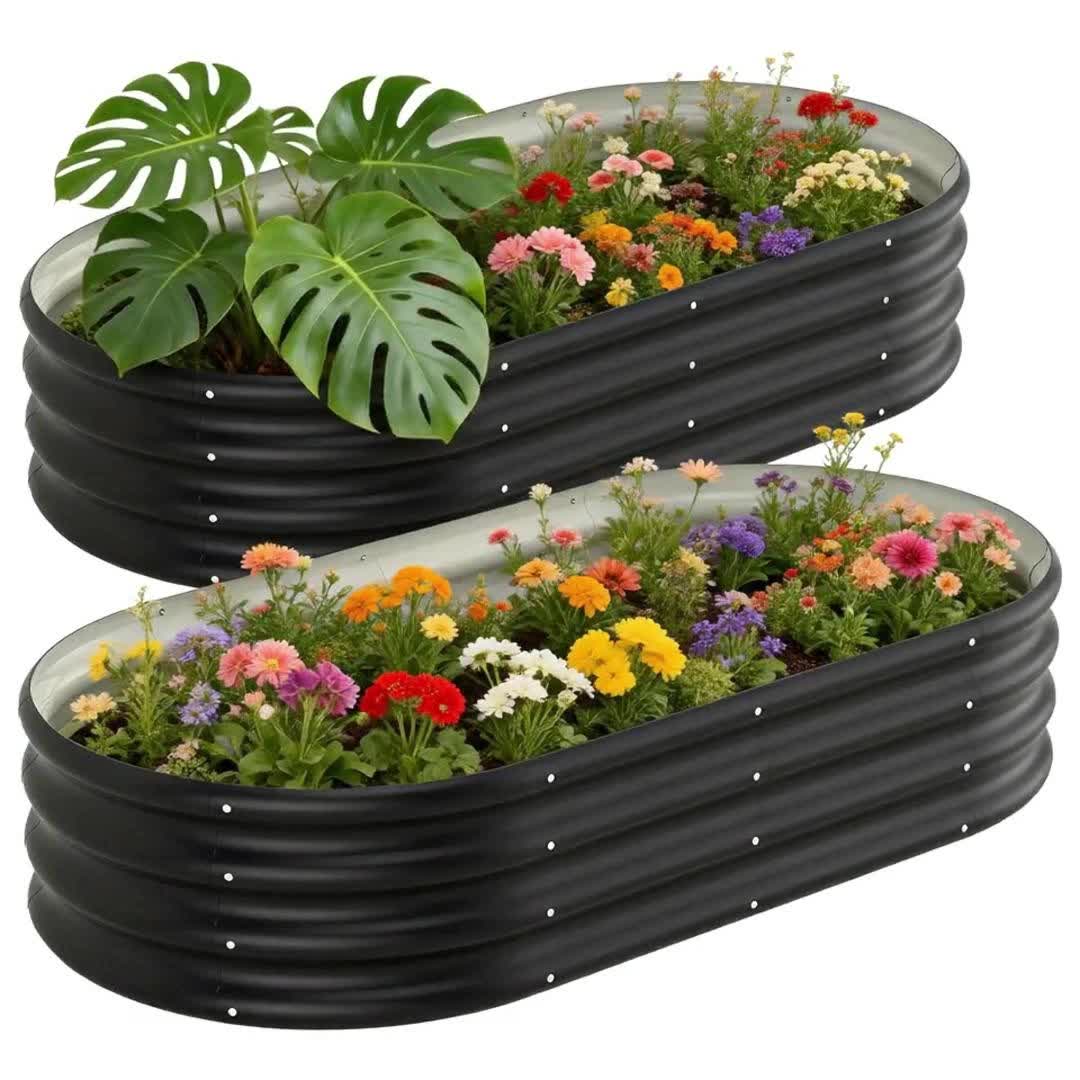 2 Sets Black Raised Garden Bed Powder Coated Metal Planter Box Rust Resistant