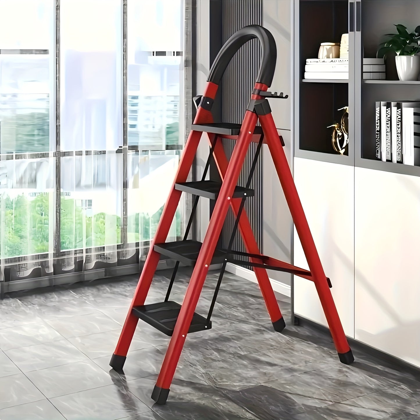 4-Step Heavy-Duty Folding Ladder 500 Lbs Capacity, Durable Metal Construction With Anti-Slip Pedals & Sturdy Design - Lightweight Portable For Home & Industrial Use, Reinforced Rungs