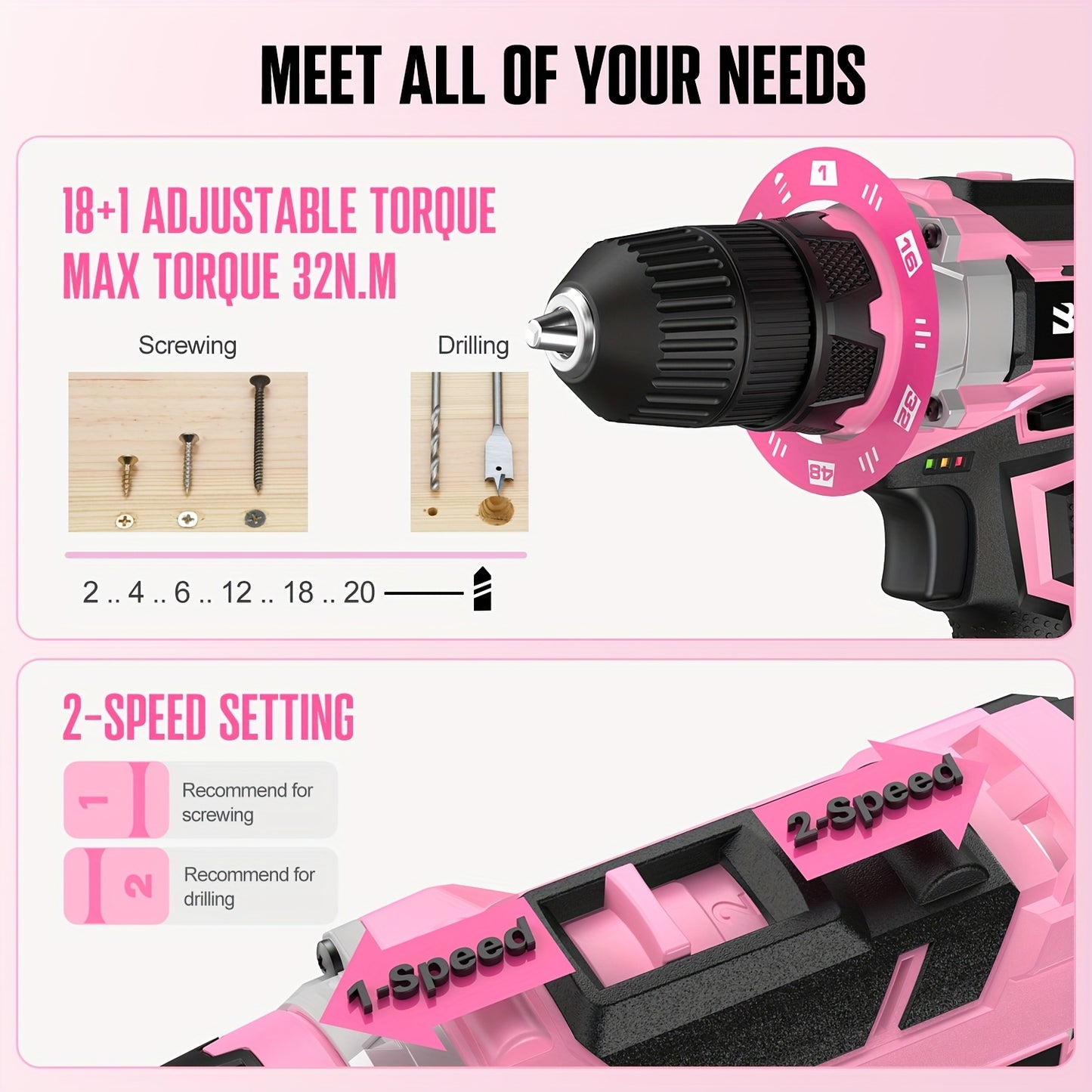 Bielmeier 236pcs Pink Tool Kit 20V Cordless Drill For Women