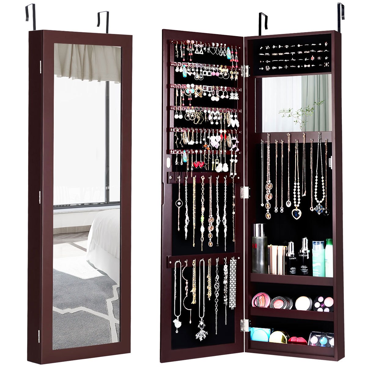 COSTWAY Jewelry Armoire Wall Mounted Cabinet With Full Length Mirror