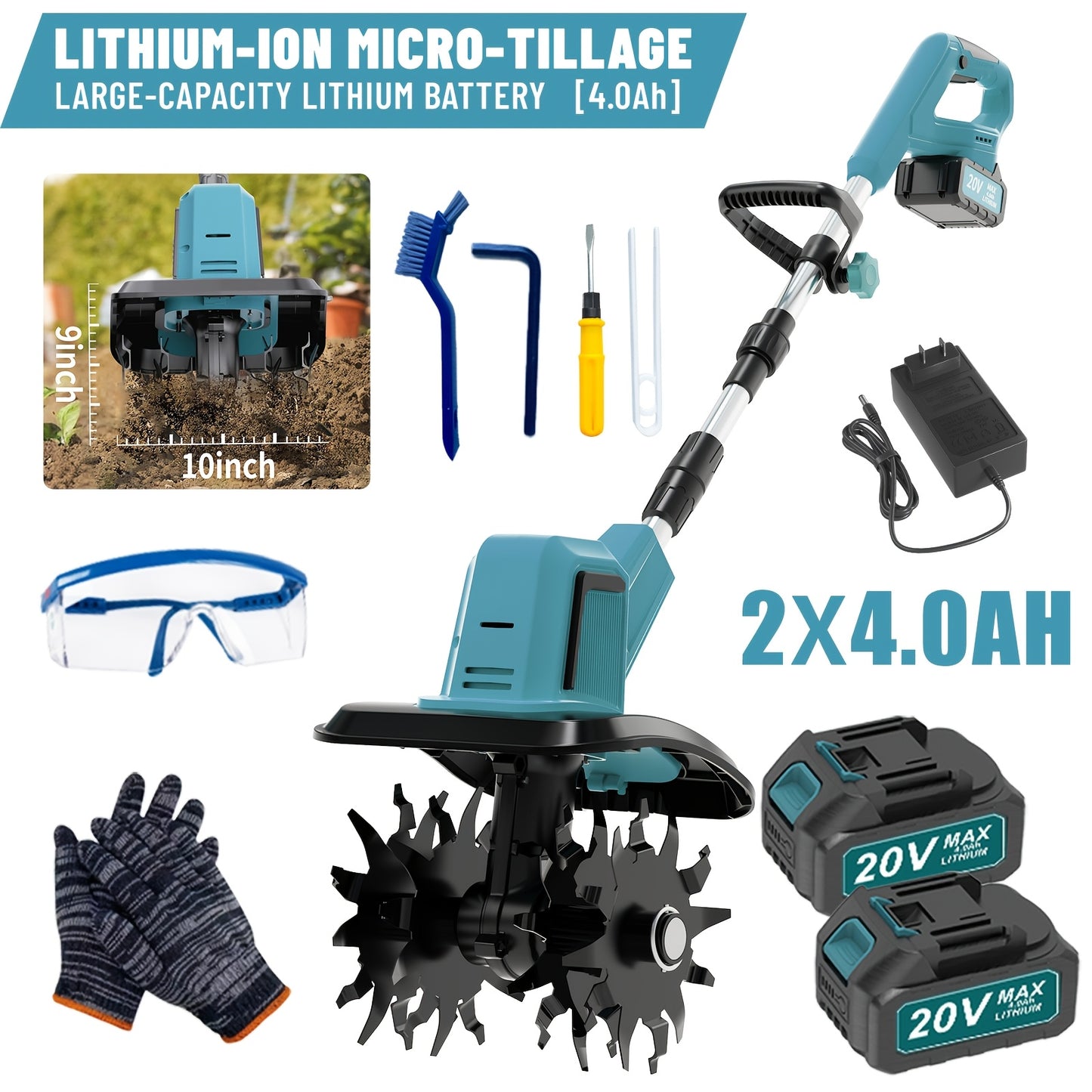 Cordless 20V Garden Tiller Rotary 9 Inch 360 RPM Portable