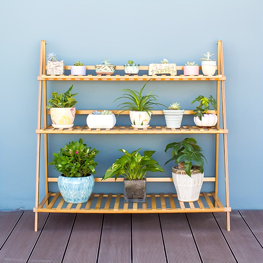 100cm Bamboo 3 Tier Foldable Plant Display Shelf For Outdoor And Indoor Use