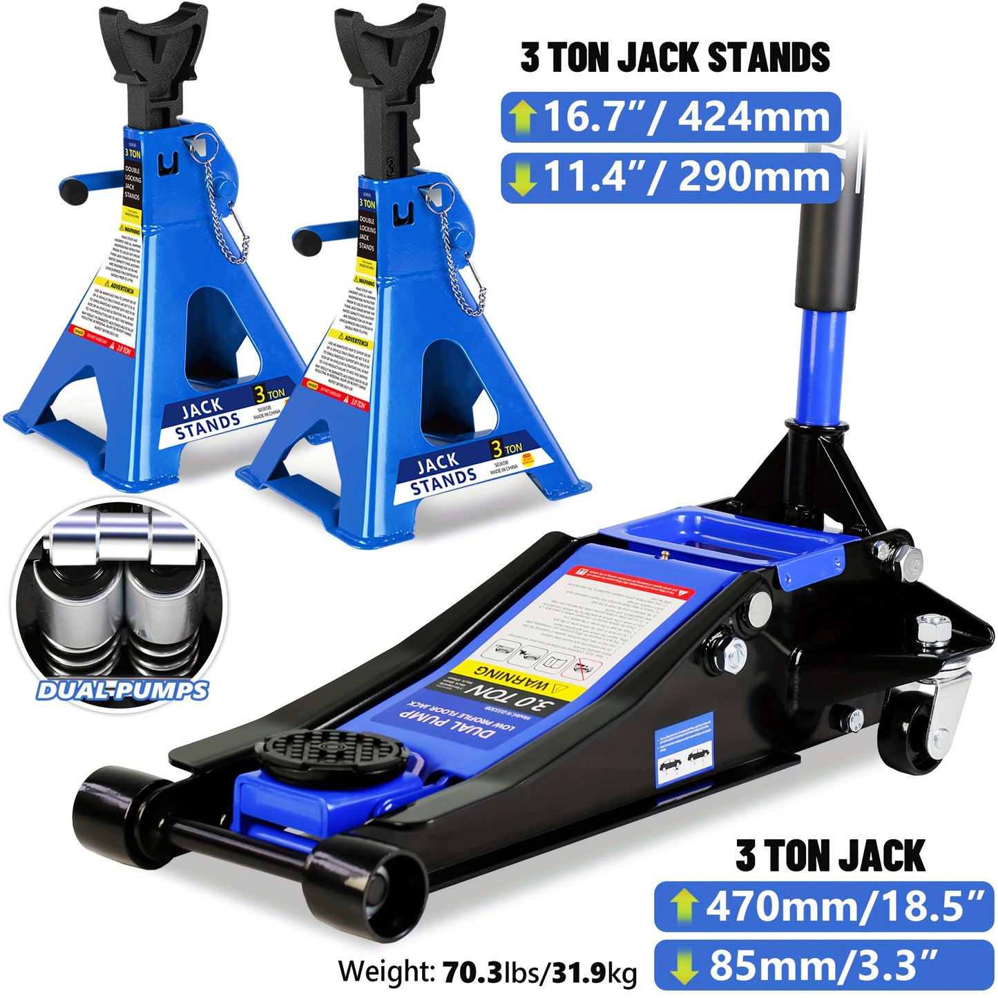 2/2.5/3 Ton Capacity, Jack Kit Low Profile Hydraulic Trolley Service/Floor Jack Combo, Multiple meal plans to choose from 3 Ton Jack Stands 2PCS, Tire Repair Kit, 14-inch Wheel Cross Wrench, Wheel Chock, Jack Accessories Red/