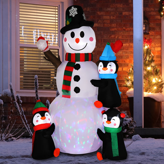 6Ft Inflatable Snowman With 3 Penguins And 4 Light Strands