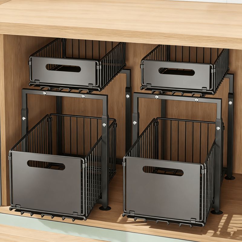Two Level Pull Out Under Sink Organizer Carbon Steel For Kitchen Bath Storage