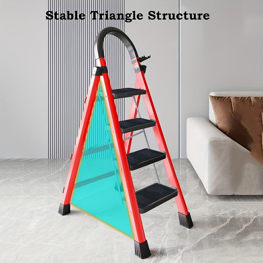 4-Step Heavy-Duty Folding Ladder 500 Lbs Capacity, Durable Metal Construction With Anti-Slip Pedals & Sturdy Design - Lightweight Portable For Home & Industrial Use, Reinforced Rungs