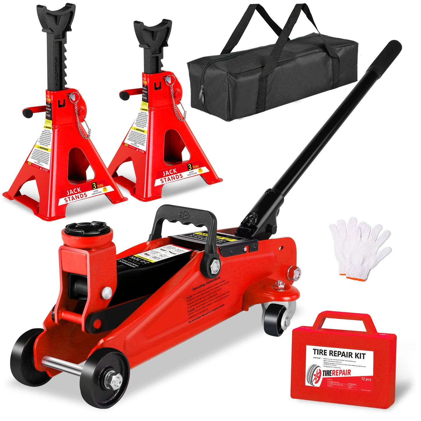 2/2.5/3 Ton Capacity, Jack Kit Low Profile Hydraulic Trolley Service/Floor Jack Combo, Multiple meal plans to choose from 3 Ton Jack Stands 2PCS, Tire Repair Kit, 14-inch Wheel Cross Wrench, Wheel Chock, Jack Accessories Red/