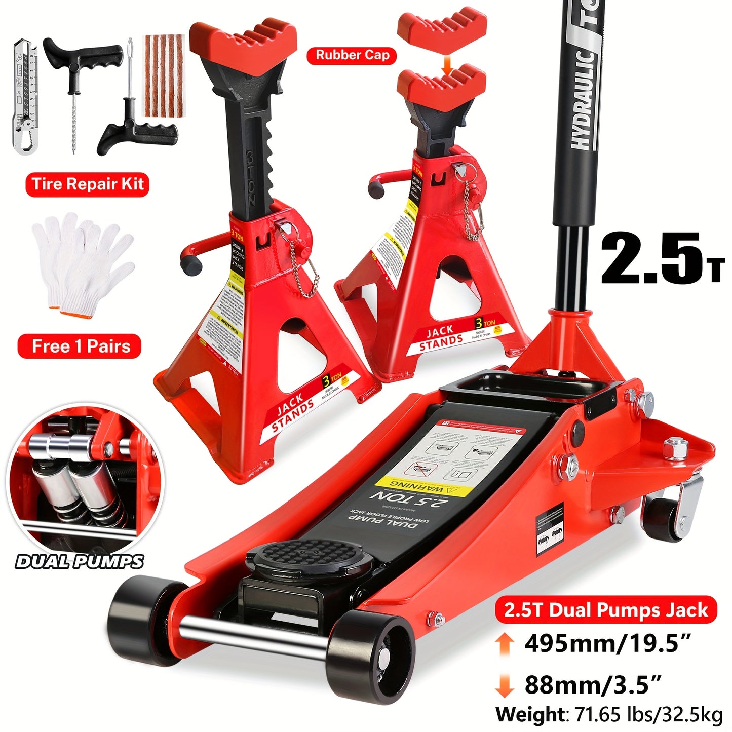 2/2.5/3 Ton Capacity, Jack Kit Low Profile Hydraulic Trolley Service/Floor Jack Combo, Multiple meal plans to choose from 3 Ton Jack Stands 2PCS, Tire Repair Kit, 14-inch Wheel Cross Wrench, Wheel Chock, Jack Accessories Red/