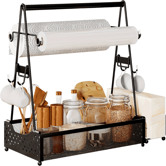 Classic Metal Utensil Caddy with Handle and Paper Towel Roll Holder - Open Storage BBQ & Picnic Flatware Organizer, No Electricity or Battery Needed, Ideal for Camping and Party Accessories, Camping Decorations