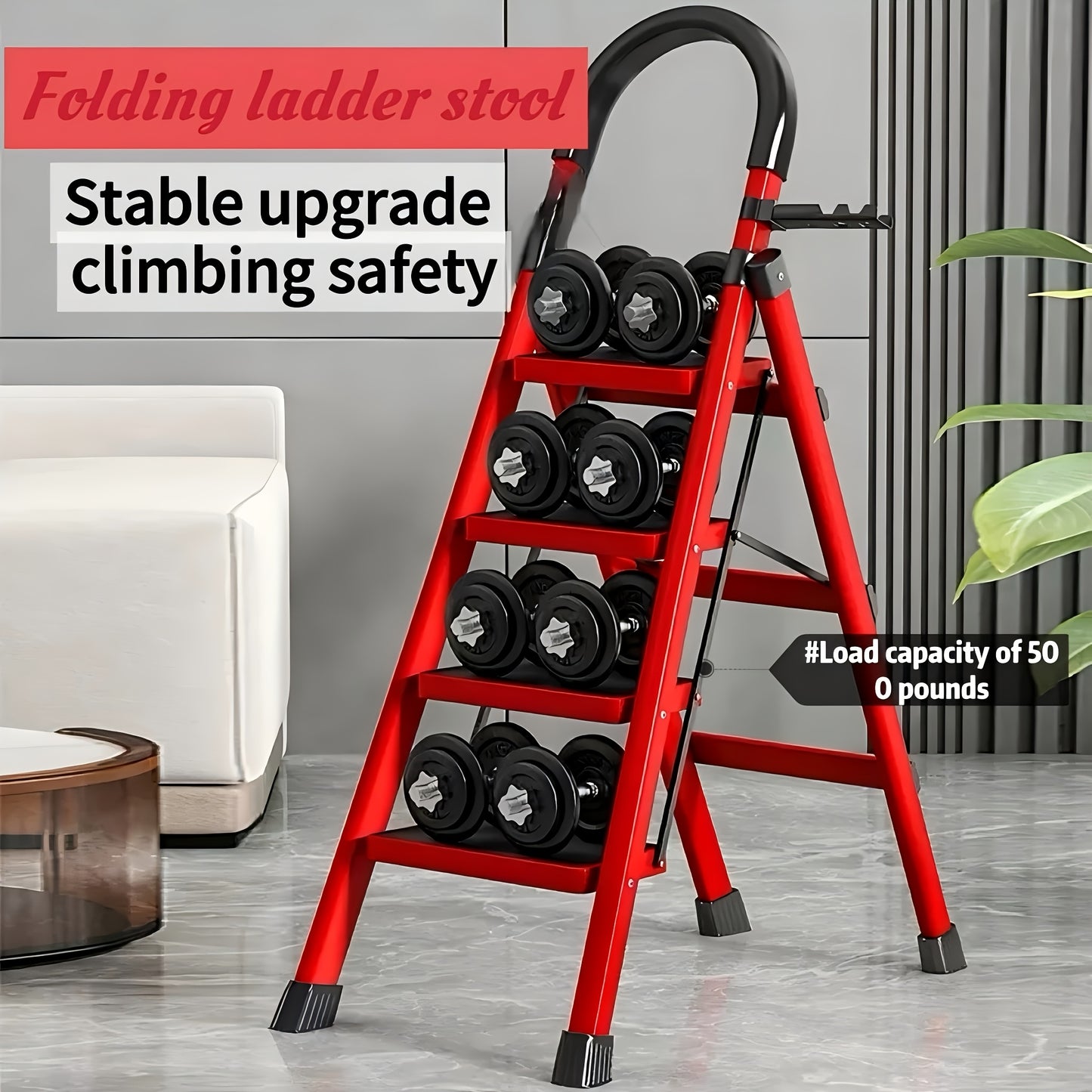 4-Step Heavy-Duty Folding Ladder 500 Lbs Capacity, Durable Metal Construction With Anti-Slip Pedals & Sturdy Design - Lightweight Portable For Home & Industrial Use, Reinforced Rungs