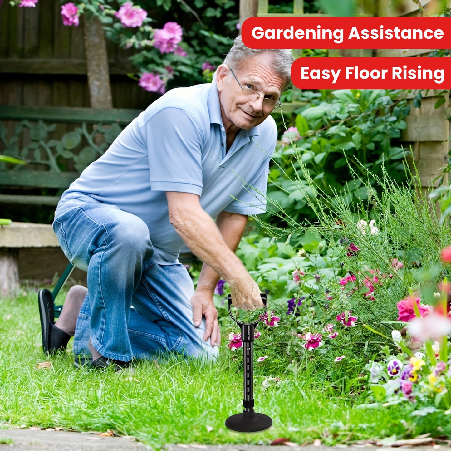 1pc Adjustable Metal Standing Aid Support Bar - Portable Lift Assist Tool with 7 Height Levels, Non-Slip Rubber Base & Firm Handle, Black Aluminum Mobility Aid for Easy Floor Rising & Gardening Assistance