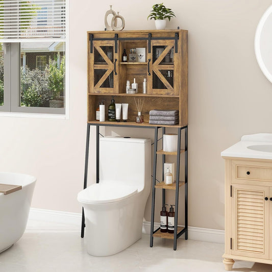 Over Toilet Storage Cabinet with Sliding Barn Door Space Saving Bathroom Organizer for Restroom Laundry Coffee Tree Engineered Wood Construction Home Storage Solution