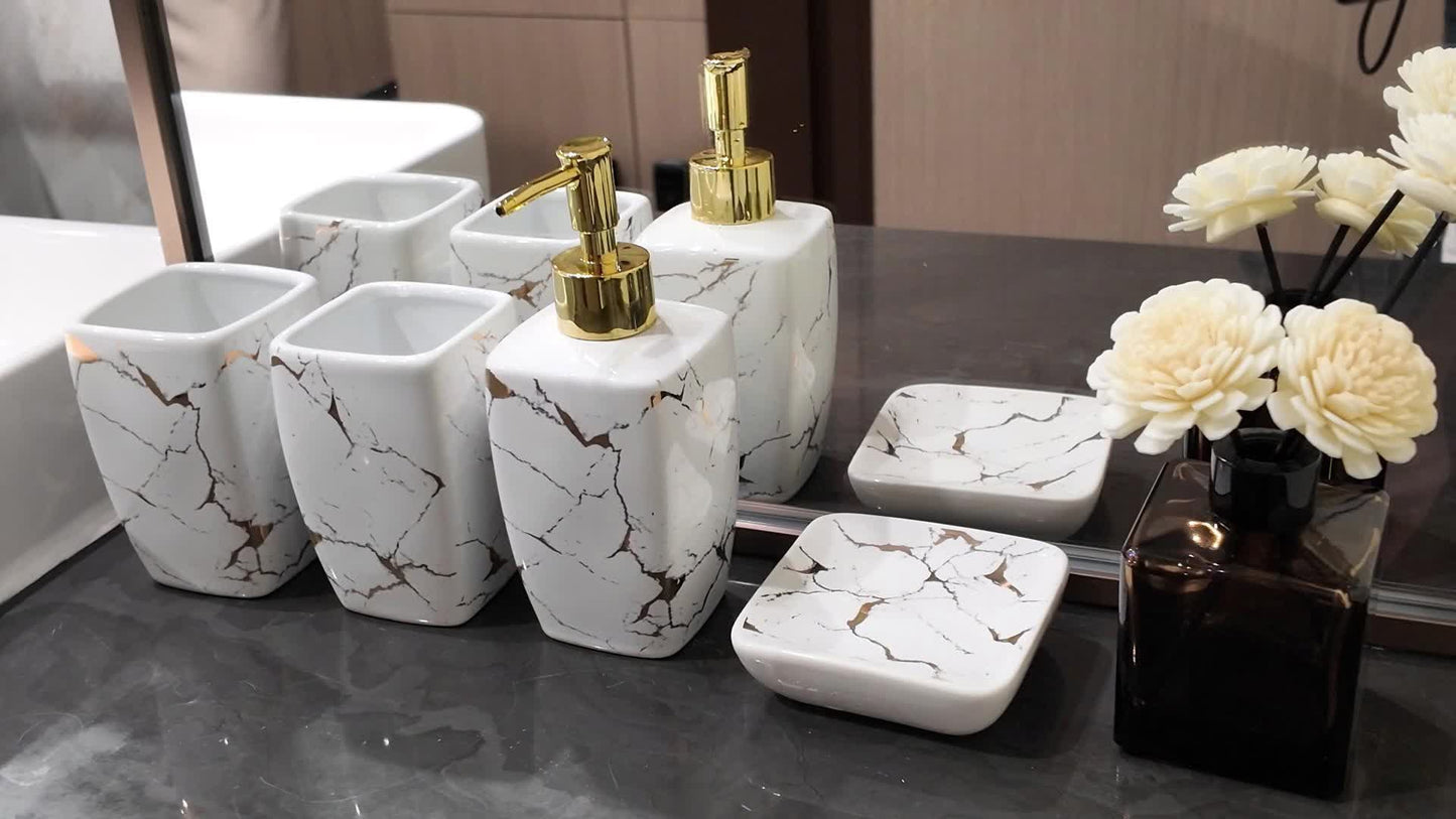 Four Piece Modern Minimalist Ceramic Bathroom Set Lotion Dispenser And Tumbler