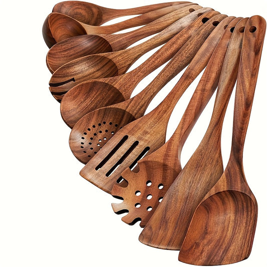 10pcs Quality Teak Cookware Set - Non-stick Friendly, Heat Resistant, Ergonomic Handle, Comfortable Grip - Perfect For Stirring, Baking, Serving And Easy Cooking
