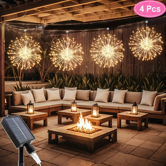 4pcs Hanging Solar Powered Outdoor Firework Lights, 240/360 LED Sparkling Starburst Sphere Lights, Warm White/Multicolor/White, 8 Modes Copper Wire Fairy Lights For Patio, Umbrella, Eave, Garden, Tree, Tent, Christmas Decorat