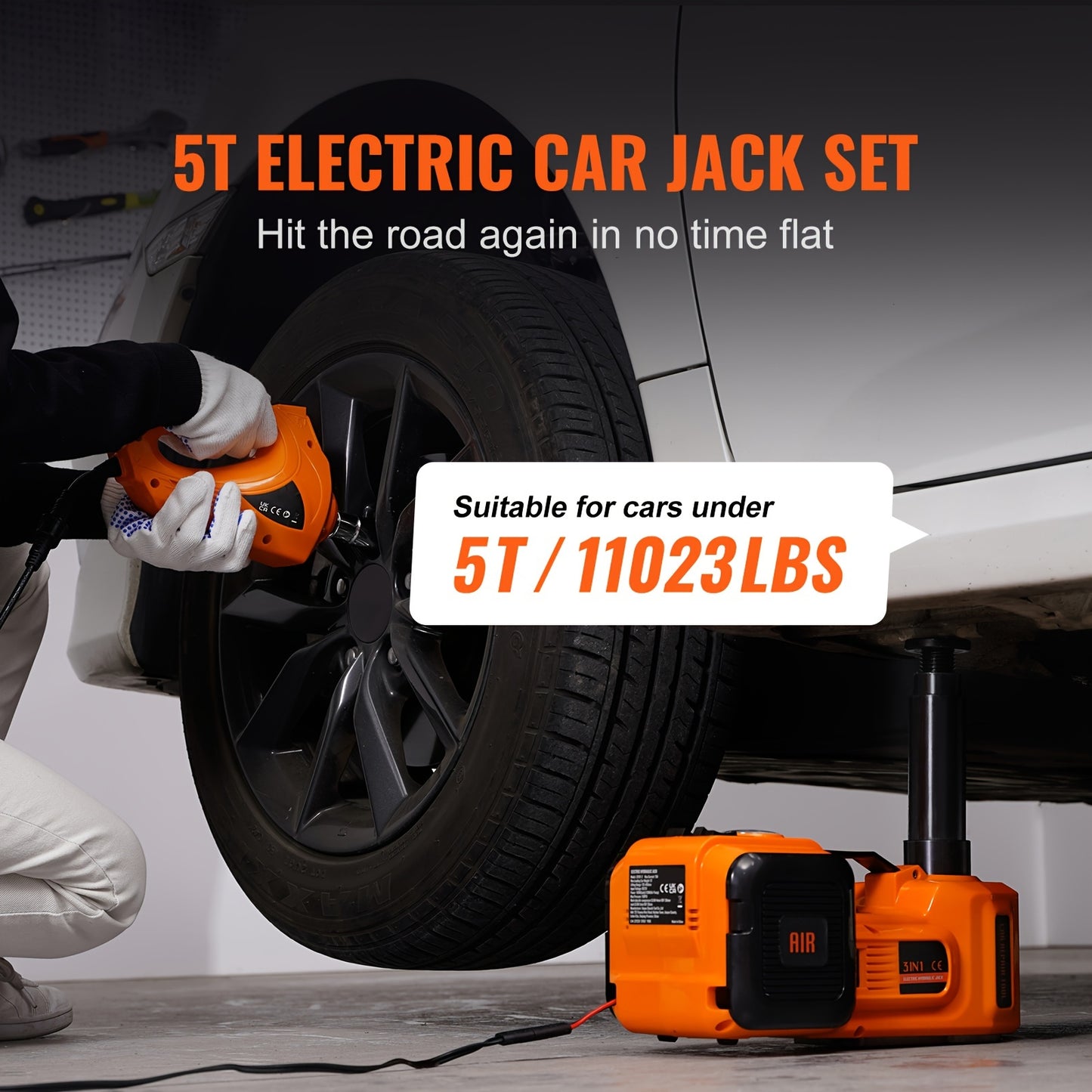 Happybuy Electric Car Jack, 5 Ton/11023 LBS Hydraulic Jack Lift with Electric Impact Wrench, Built-in Inflatable Pump, And LED Light for SUV MPV Sedan Truck Change Tires Garage Repair