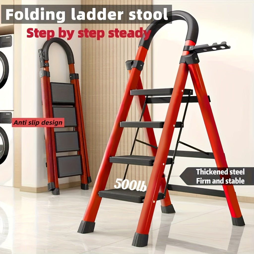 4-Step Heavy-Duty Folding Ladder 500 Lbs Capacity, Durable Metal Construction With Anti-Slip Pedals & Sturdy Design - Lightweight Portable For Home & Industrial Use, Reinforced Rungs