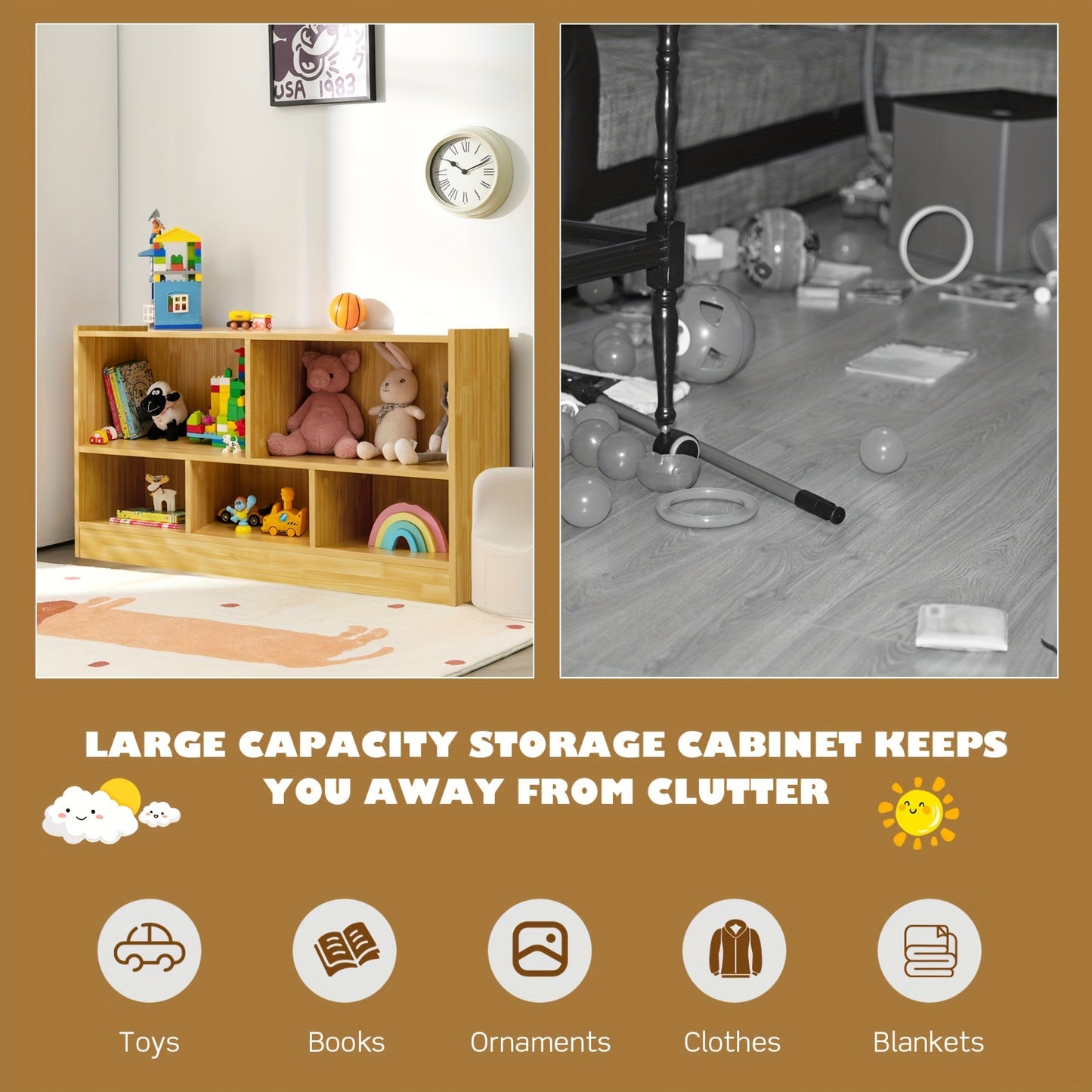 Beige Wooden Toy Storage Cabinet with 2 Shelves And 5 Cubes., Toy Storage Box