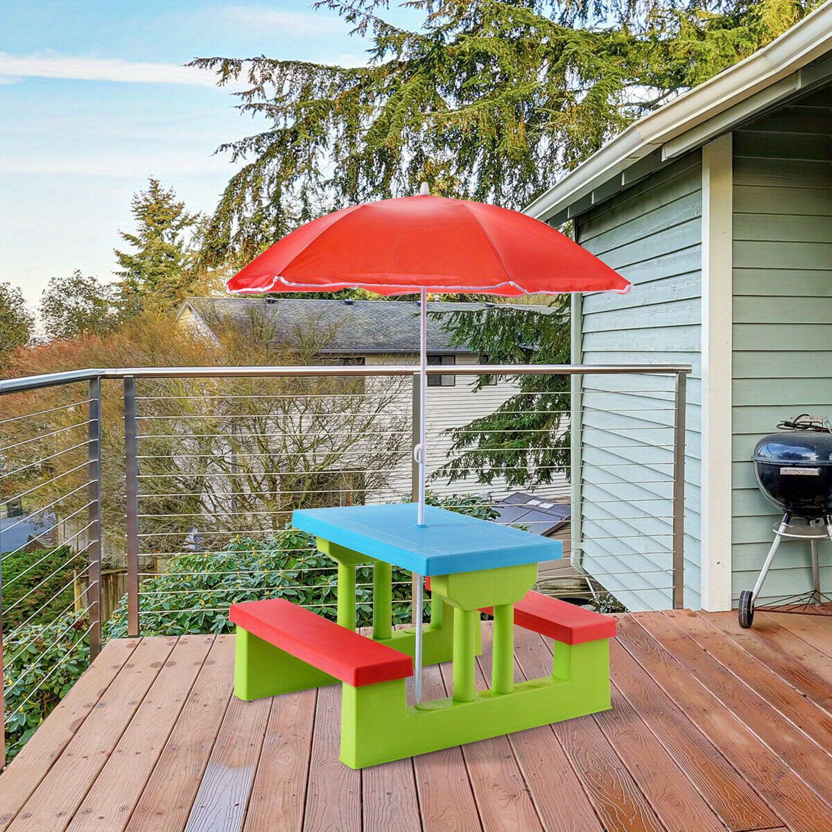GYMAX Kids Picnic Table, Safe PP Table & Bench Set with Removable & Foldable Umbrella, Kids Activity Table Set Seat up to 4 Children for Backyard, Garden, Outdoors, Indoors., Portable Picnic Table, Picnic Table Foldable, Gard