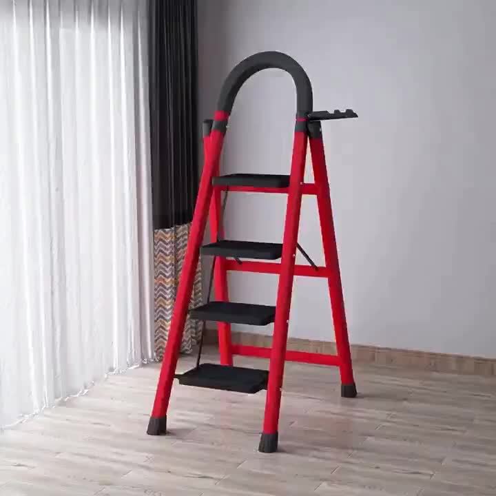 4-Step Heavy-Duty Folding Ladder 500 Lbs Capacity, Durable Metal Construction With Anti-Slip Pedals & Sturdy Design - Lightweight Portable For Home & Industrial Use, Reinforced Rungs