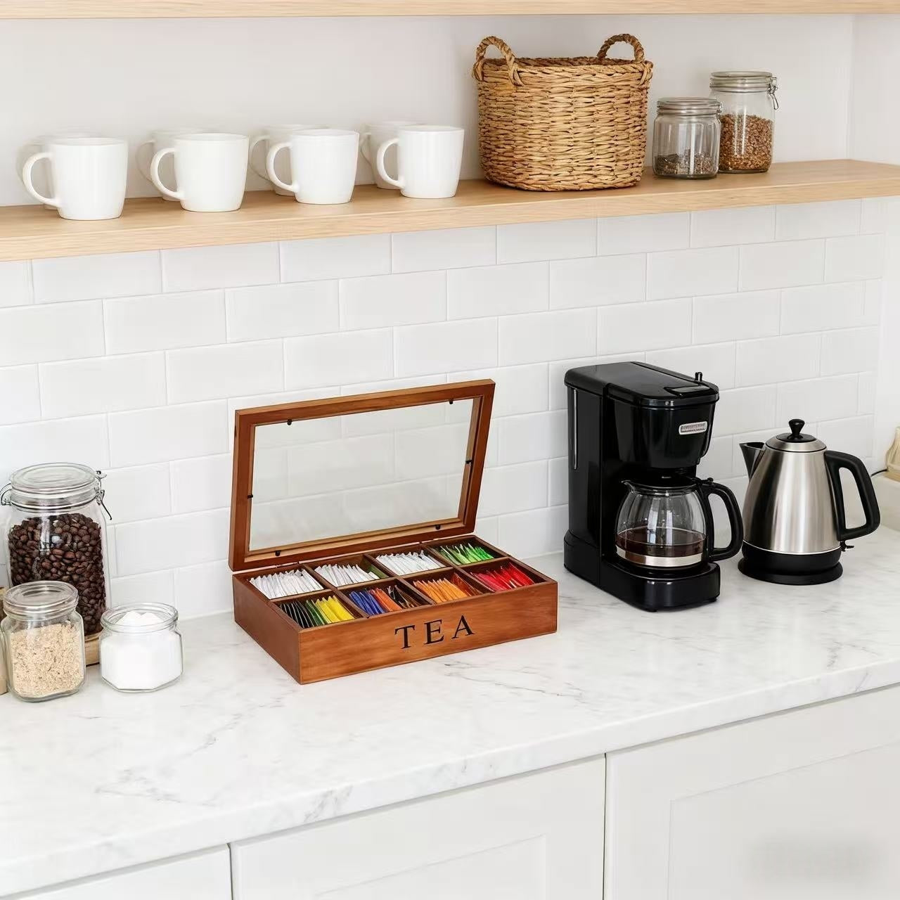 IDUK 8 Grid Solid Wood Tea Bag Organizer With Transparent Flip Top Lid