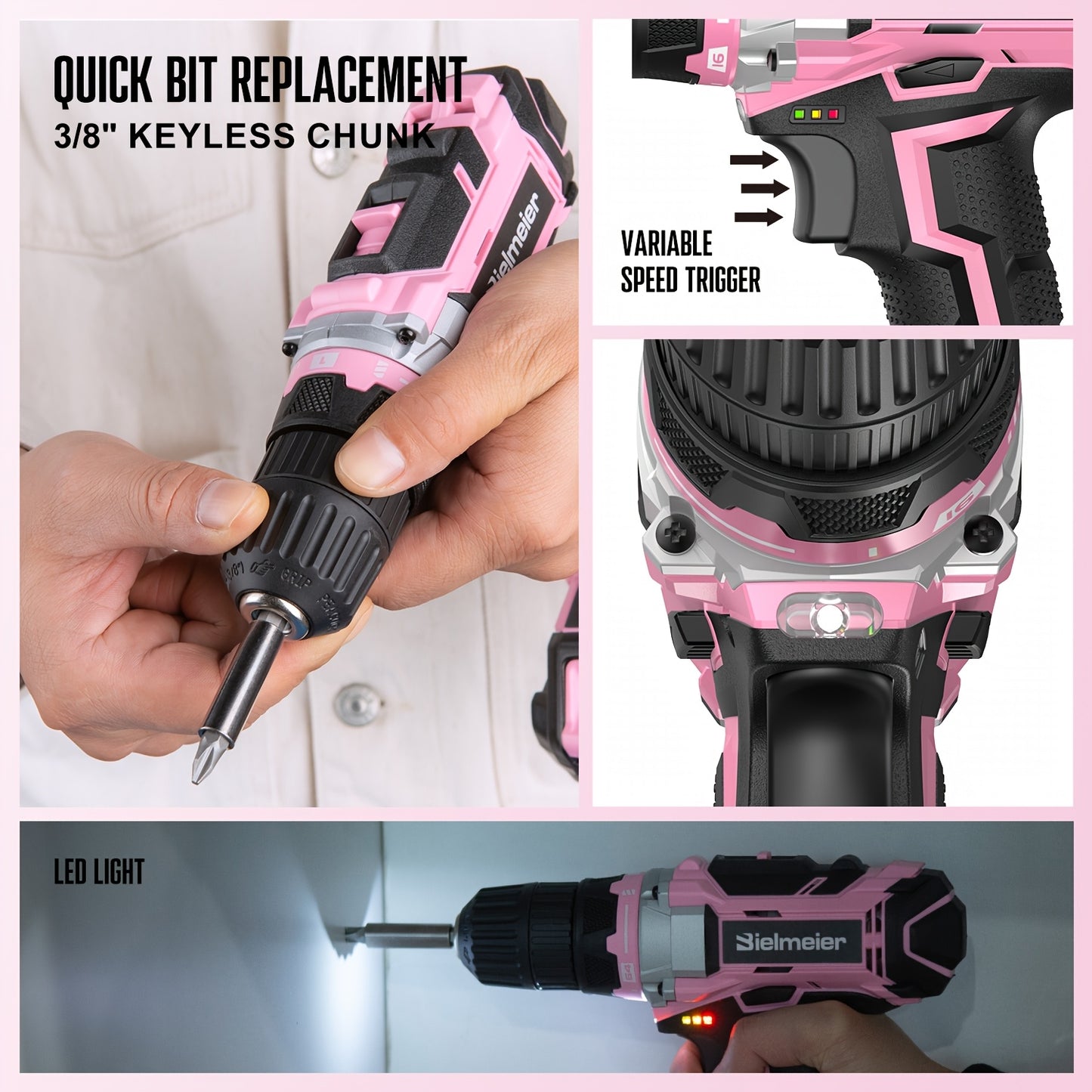 Bielmeier 236pcs Pink Tool Kit 20V Cordless Drill For Women