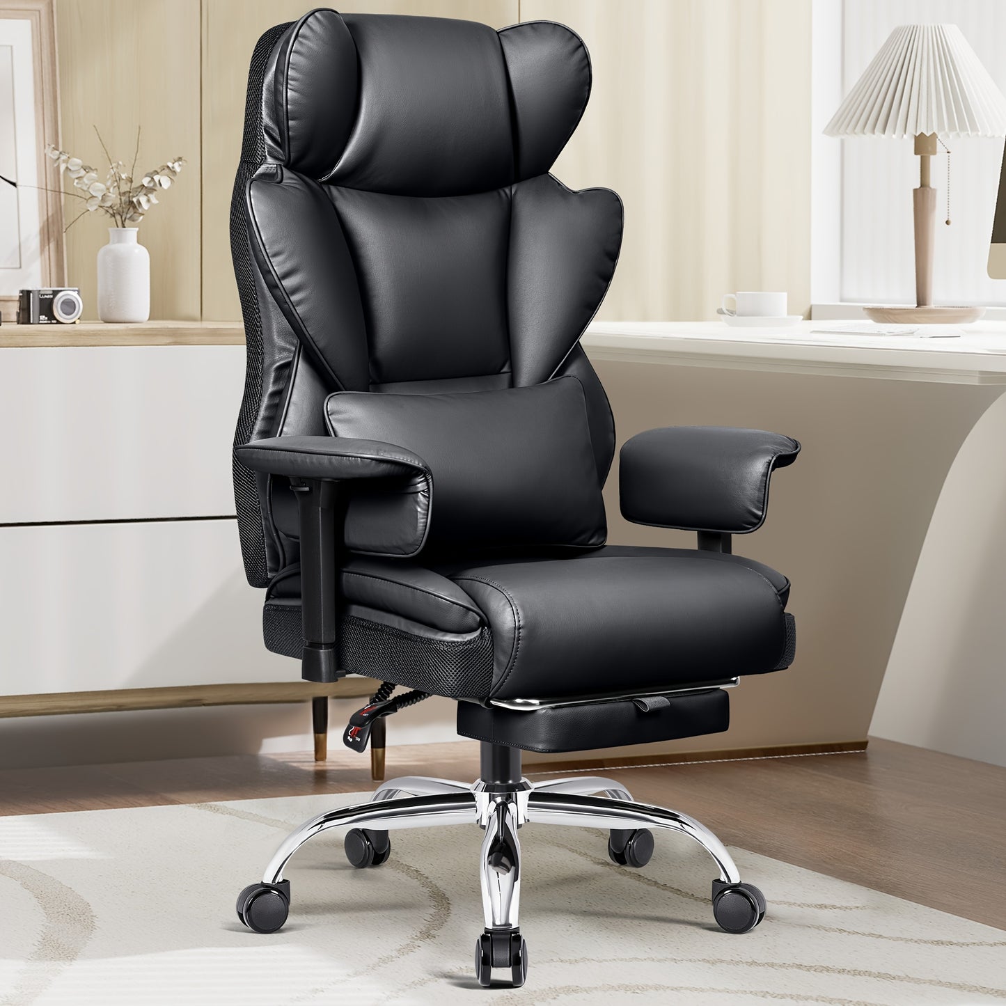 Premium Plus-Size Ergonomic Video Game Chair - Executive High-Back Leather Seat with Enhanced Lumbar Support, Integrated Footrest, and Adjustable Armrests for Ultimate Comfort in Spacious Homes and Offices