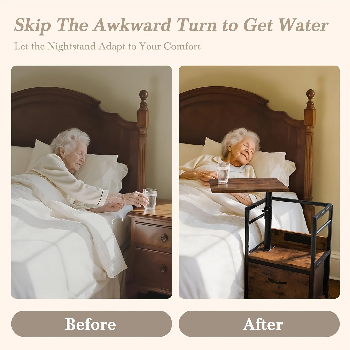 2 Tier Swivel Lift Top Nightstand With Charging Station And Wheels Rustic Brown