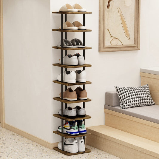 9 Tier Narrow Metal Shoe Rack - Modern Free Standing Vertical Storage Organizer for Closet Entryway Bedroom