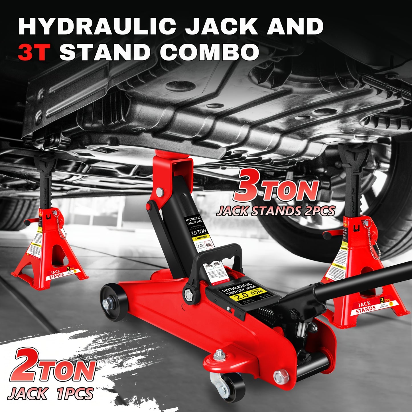 2/2.5/3 Ton Capacity, Jack Kit Low Profile Hydraulic Trolley Service/Floor Jack Combo, Multiple meal plans to choose from 3 Ton Jack Stands 2PCS, Tire Repair Kit, 14-inch Wheel Cross Wrench, Wheel Chock, Jack Accessories Red/