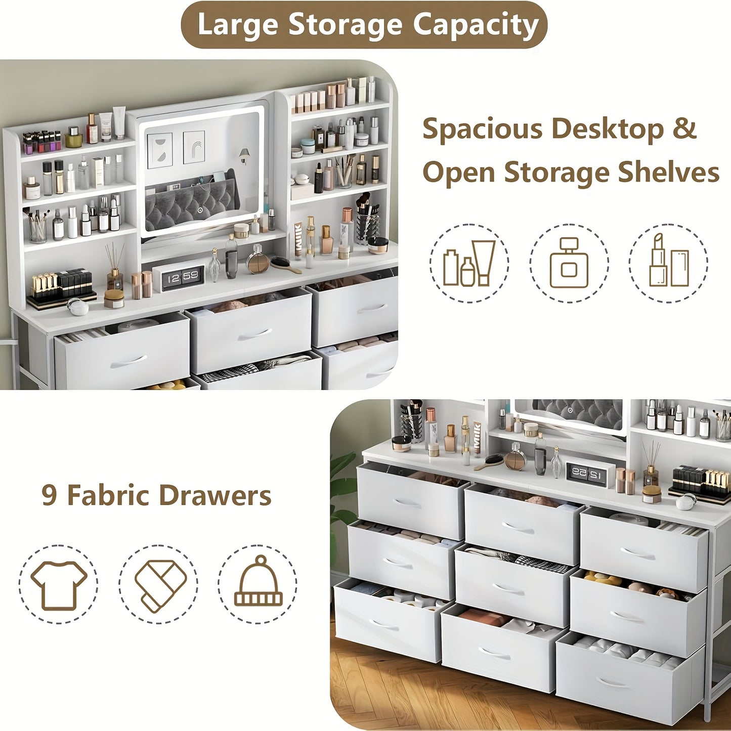 Makeup Vanity With Mirror 9 Fabric Drawers 8 Shelves 3 Lighting Colors White