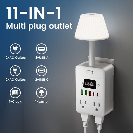 11-in-1 Multifunctional Power Strip With Built-in Overload Protection.1 Desk Lamp, 1 Digital Display Clock, 4 Power Outlets, 3 USB-A And 2 USB-C.Power Extender, Power Outlet Converter, Wall-mountable Desktop Charging Station