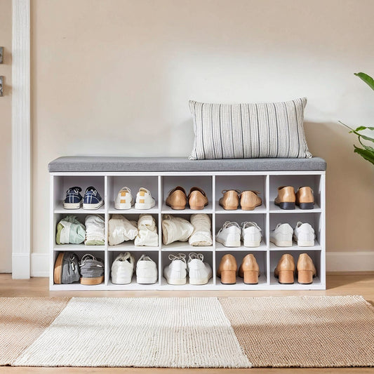 Home Storage Update, Shoe Storage Bench with Cushioned Seat, 15-Compartment Entryway Organizer for Hallway/Bedroom, Space-Saving Shoe Rack, Home Decor And Father's Day Gift Idea