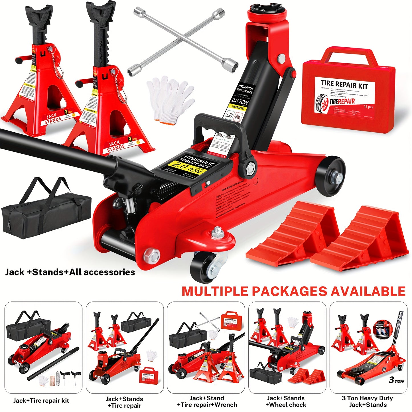 2/2.5/3 Ton Capacity, Jack Kit Low Profile Hydraulic Trolley Service/Floor Jack Combo, Multiple meal plans to choose from 3 Ton Jack Stands 2PCS, Tire Repair Kit, 14-inch Wheel Cross Wrench, Wheel Chock, Jack Accessories Red/