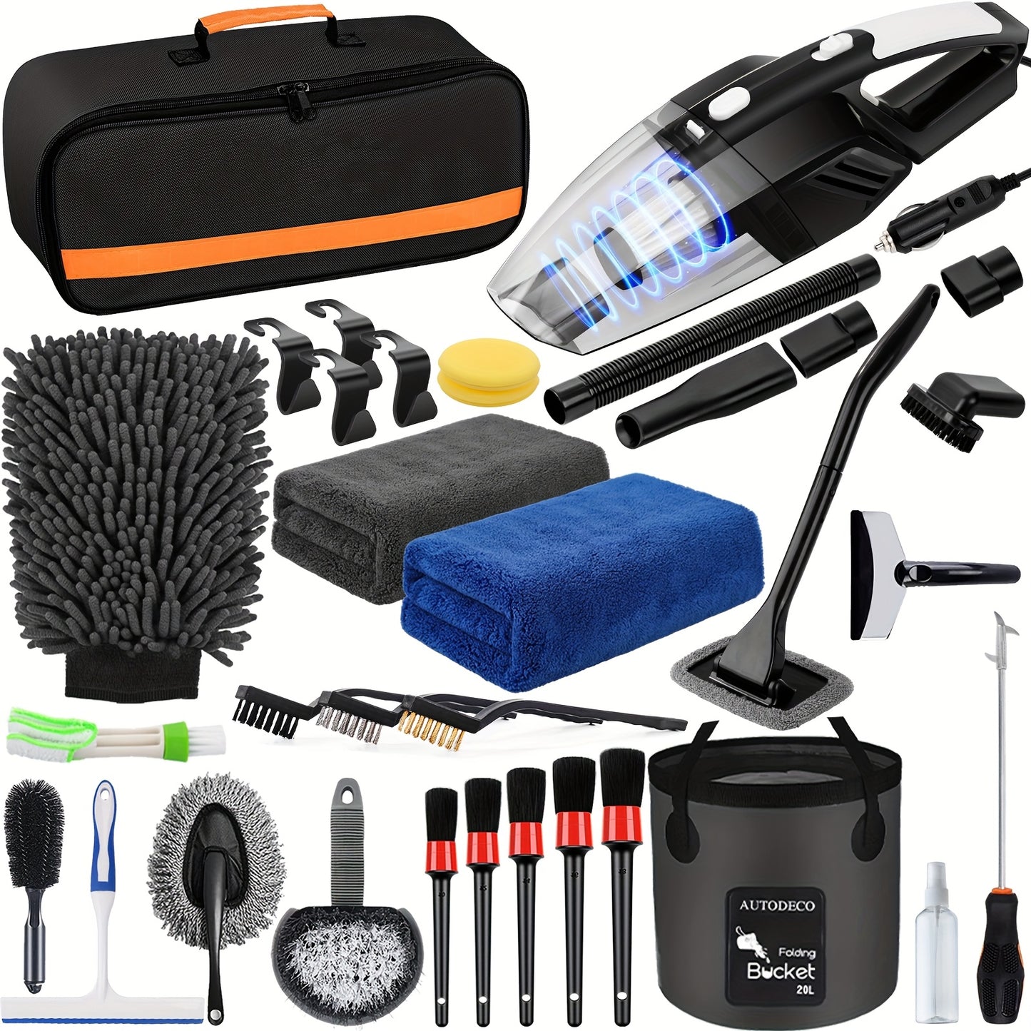 FCLUSLL 41pcs Car Cleaning And Washing Kit, Internal Detail Cleaning Kit, Equipped with High-power Handheld Vacuum Cleaner, Foldable Bucket, Windshield Tool, Snow Shovel, Tire Brush, Complete Set Of Car Care Tools, Holiday Gi