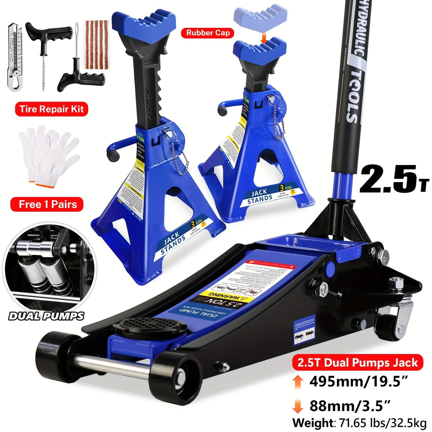 2/2.5/3 Ton Capacity, Jack Kit Low Profile Hydraulic Trolley Service/Floor Jack Combo, Multiple meal plans to choose from 3 Ton Jack Stands 2PCS, Tire Repair Kit, 14-inch Wheel Cross Wrench, Wheel Chock, Jack Accessories Red/