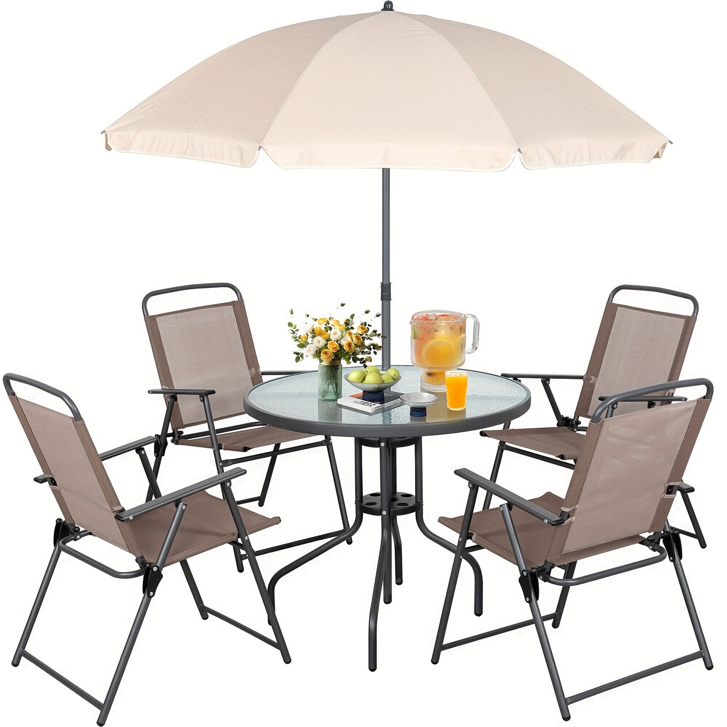 JY QAQA Folding Patio Dining Set 6 Piece All Weather Glass Table And 4 Chairs