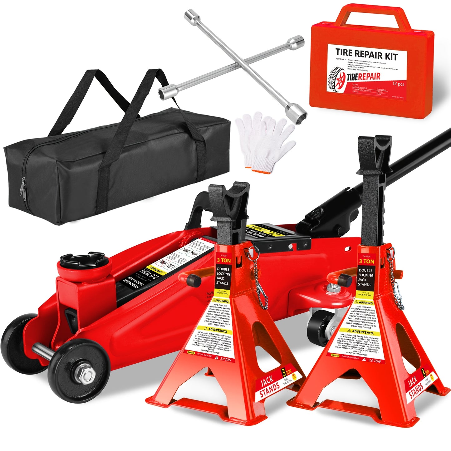 2/2.5/3 Ton Capacity, Jack Kit Low Profile Hydraulic Trolley Service/Floor Jack Combo, Multiple meal plans to choose from 3 Ton Jack Stands 2PCS, Tire Repair Kit, 14-inch Wheel Cross Wrench, Wheel Chock, Jack Accessories Red/