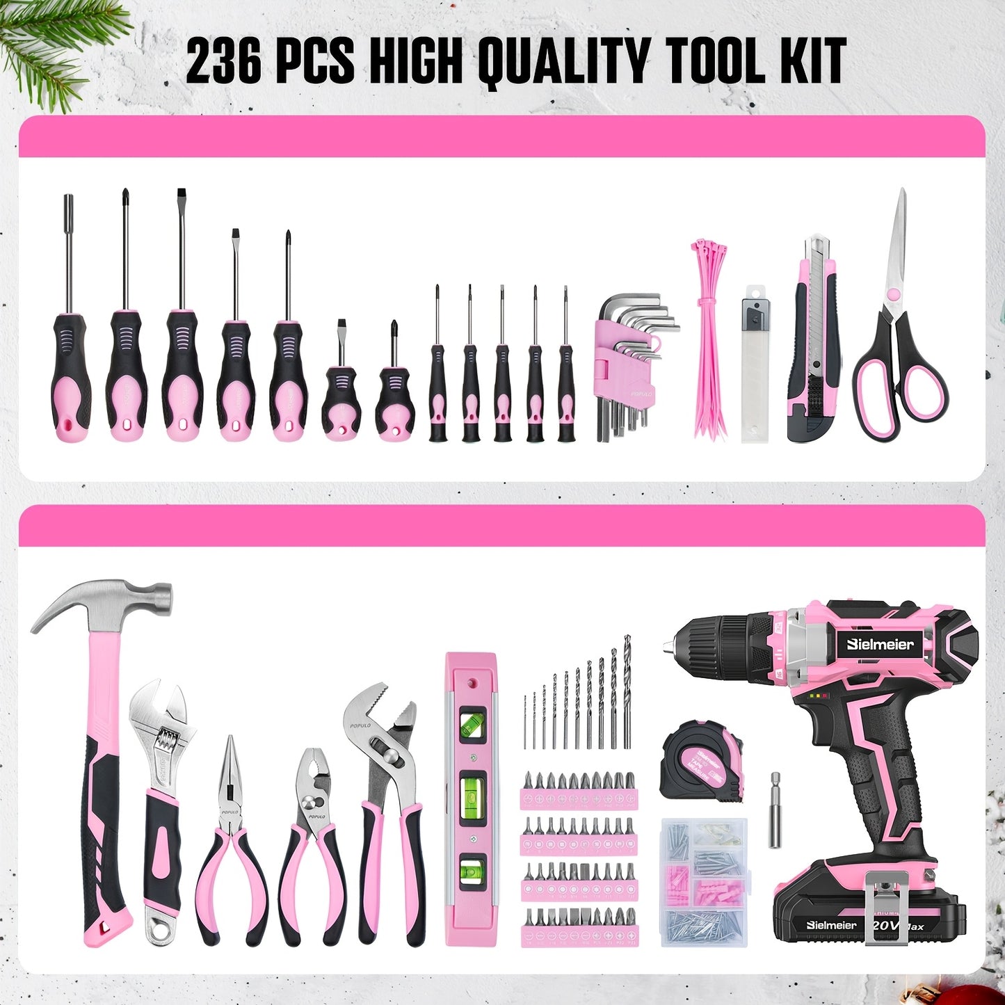 Bielmeier 236pcs Pink Tool Kit 20V Cordless Drill For Women