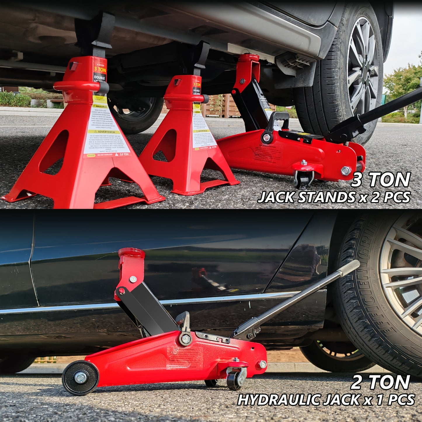 2/2.5/3 Ton Capacity, Jack Kit Low Profile Hydraulic Trolley Service/Floor Jack Combo, Multiple meal plans to choose from 3 Ton Jack Stands 2PCS, Tire Repair Kit, 14-inch Wheel Cross Wrench, Wheel Chock, Jack Accessories Red/