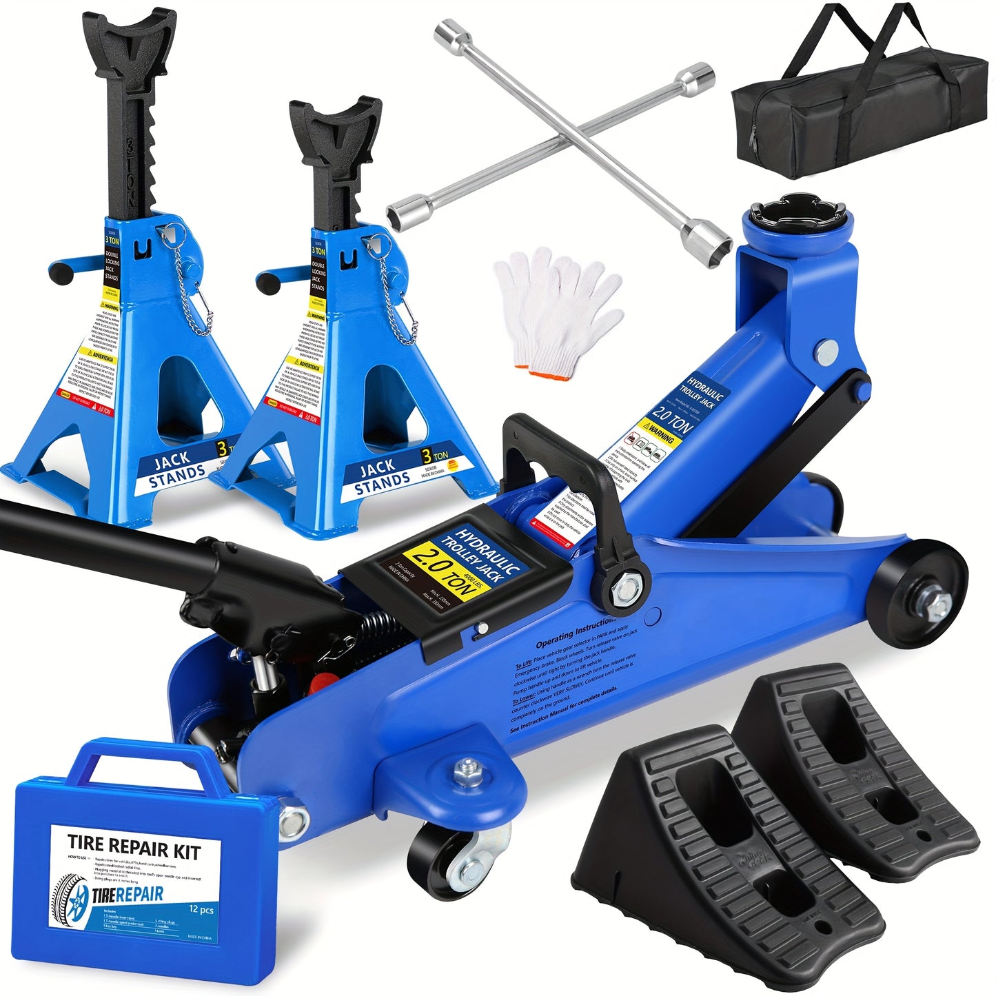 2/2.5/3 Ton Capacity, Jack Kit Low Profile Hydraulic Trolley Service/Floor Jack Combo, Multiple meal plans to choose from 3 Ton Jack Stands 2PCS, Tire Repair Kit, 14-inch Wheel Cross Wrench, Wheel Chock, Jack Accessories Red/