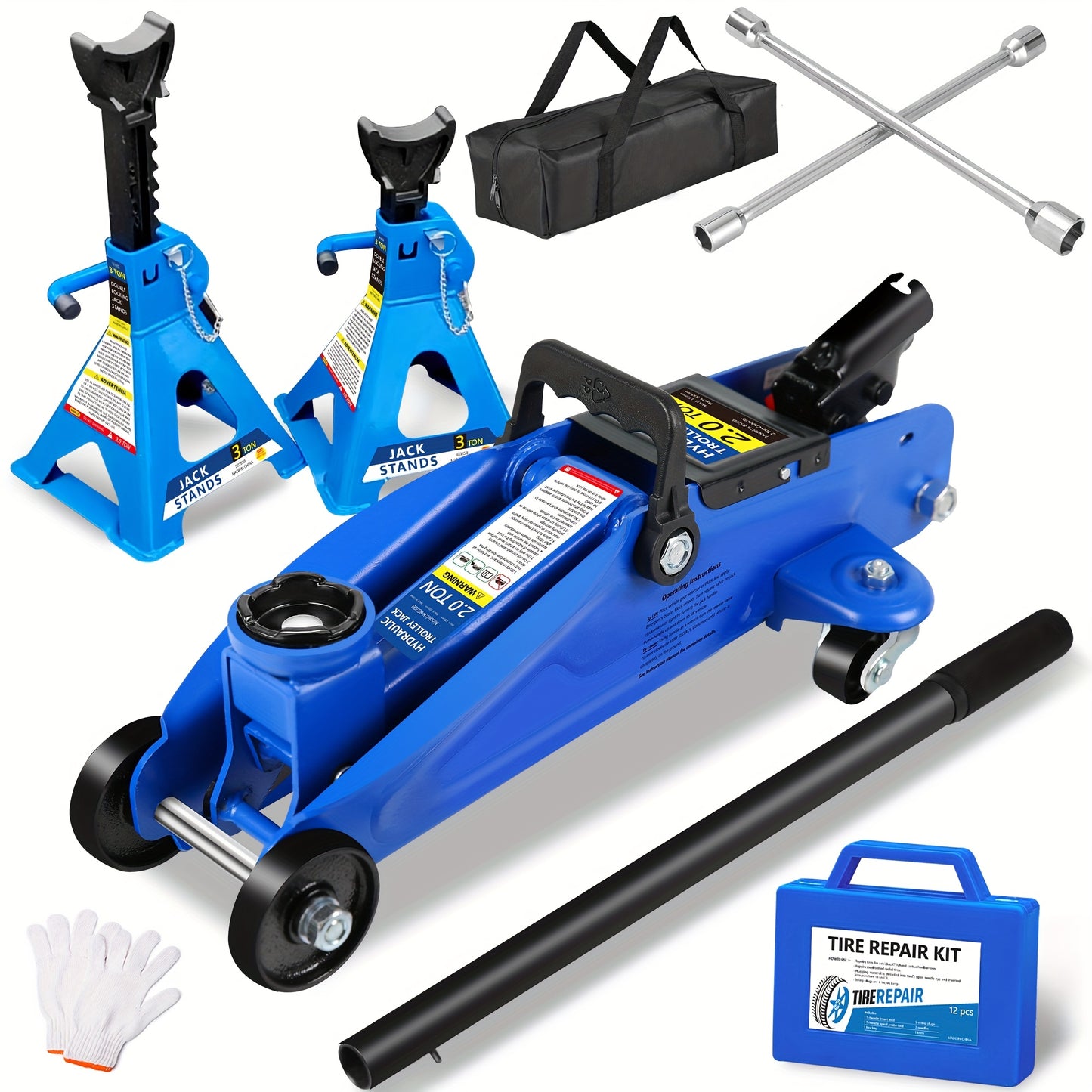 2/2.5/3 Ton Capacity, Jack Kit Low Profile Hydraulic Trolley Service/Floor Jack Combo, Multiple meal plans to choose from 3 Ton Jack Stands 2PCS, Tire Repair Kit, 14-inch Wheel Cross Wrench, Wheel Chock, Jack Accessories Red/