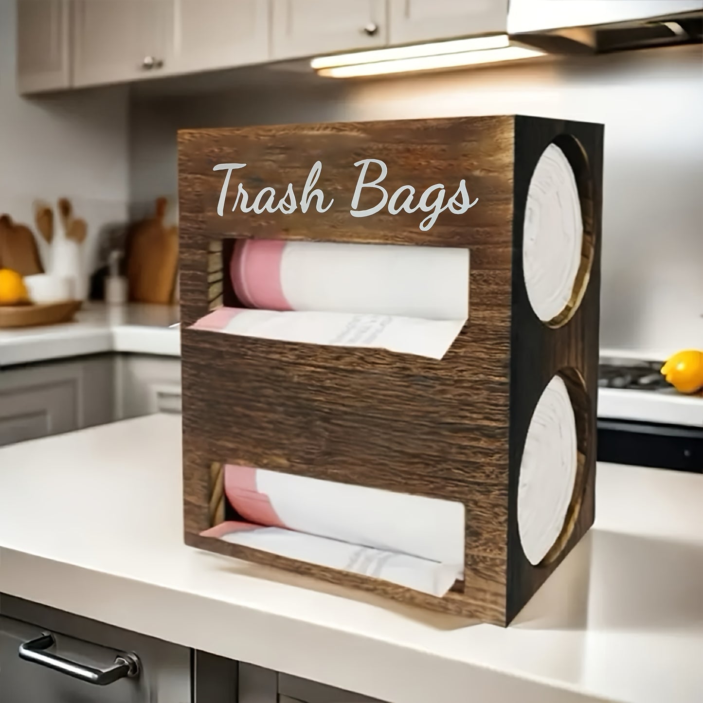 Wooden 2 In 1 Garbage Bag Holder And Storage Box Wall Mounted Organizer