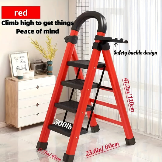 4-Step Heavy-Duty Folding Ladder 500 Lbs Capacity, Durable Metal Construction With Anti-Slip Pedals & Sturdy Design - Lightweight Portable For Home & Industrial Use, Reinforced Rungs