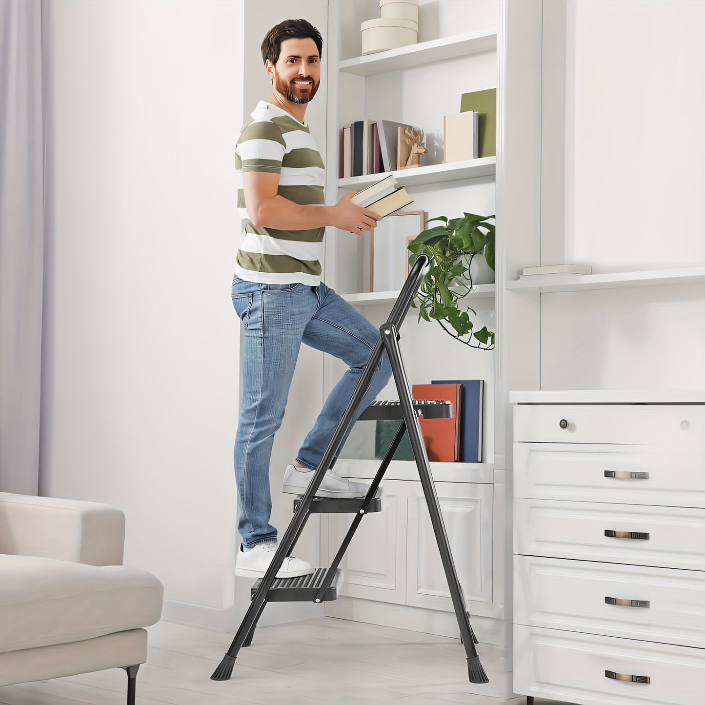 Smug 3 Step Folding Step Ladder 800 Lbs Anti Slip Handle