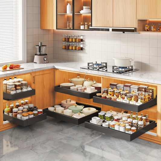 4-Drawer Heavy Duty Slide Out Cabinet Organizer - 17" Deep, Expandable Width 12.6"-20.6", Ultra-Quiet Gliding Rails, Anti-Rust Carbon Steel, Dual-Mount Adhesive/Drill, Multi-Purpose Storage for Kitchen, Bathroom, Garage (Blac