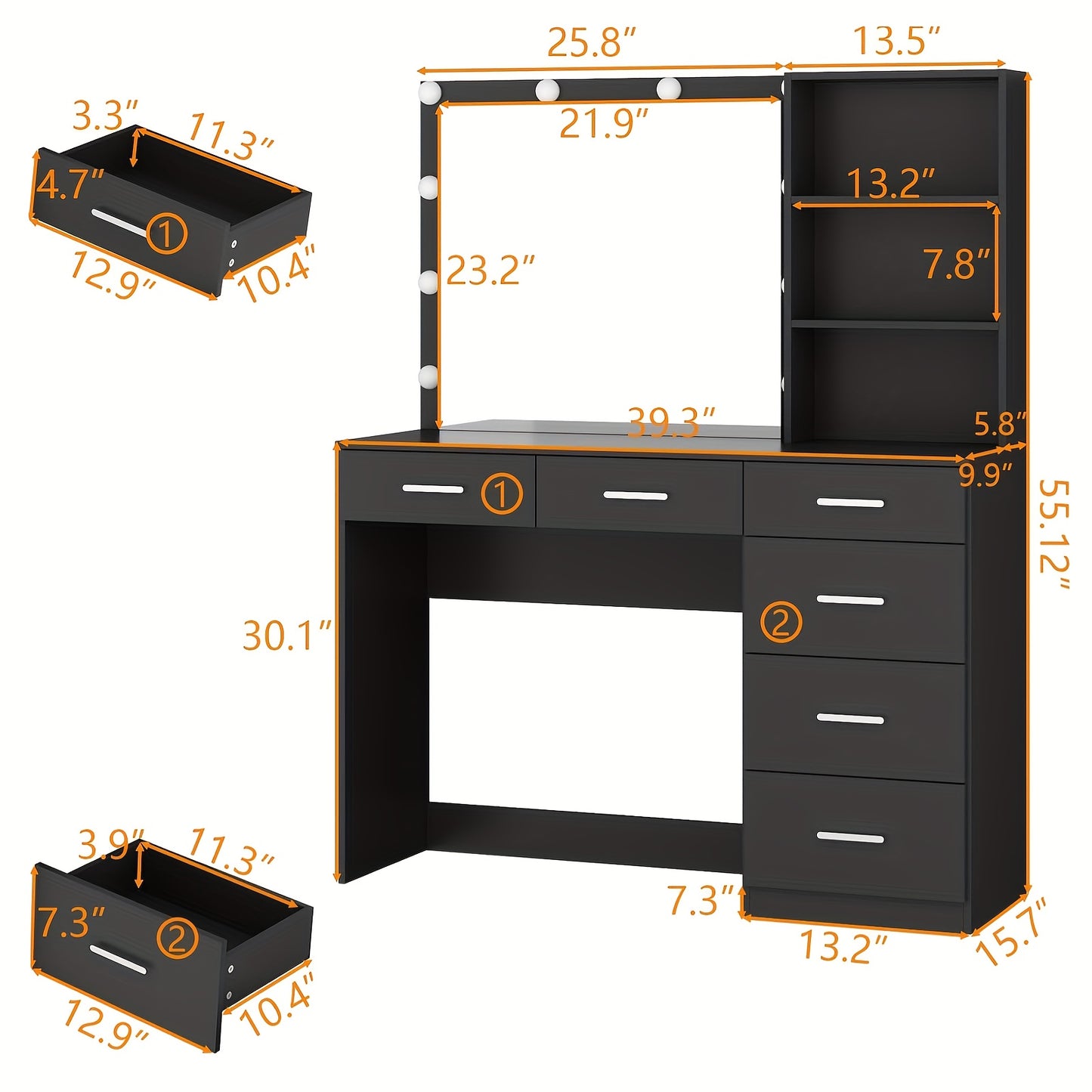 Modern Makeup Vanity Table With Lighted Mirror 6 Drawers 3 Color LED Lights