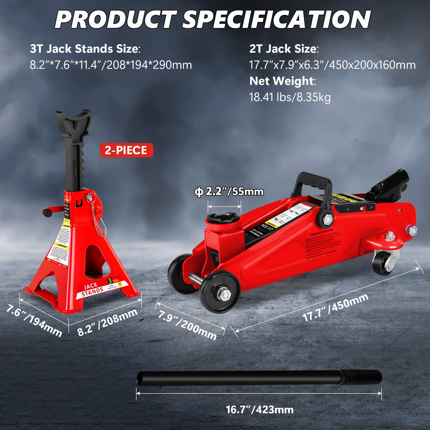 2/2.5/3 Ton Capacity, Jack Kit Low Profile Hydraulic Trolley Service/Floor Jack Combo, Multiple meal plans to choose from 3 Ton Jack Stands 2PCS, Tire Repair Kit, 14-inch Wheel Cross Wrench, Wheel Chock, Jack Accessories Red/